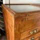 Counter, glass-fronted wooden workbench in dark wood, 8 drawers.
