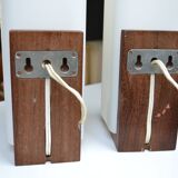 Pair of Louis Kalff opaline and teak wall lamps