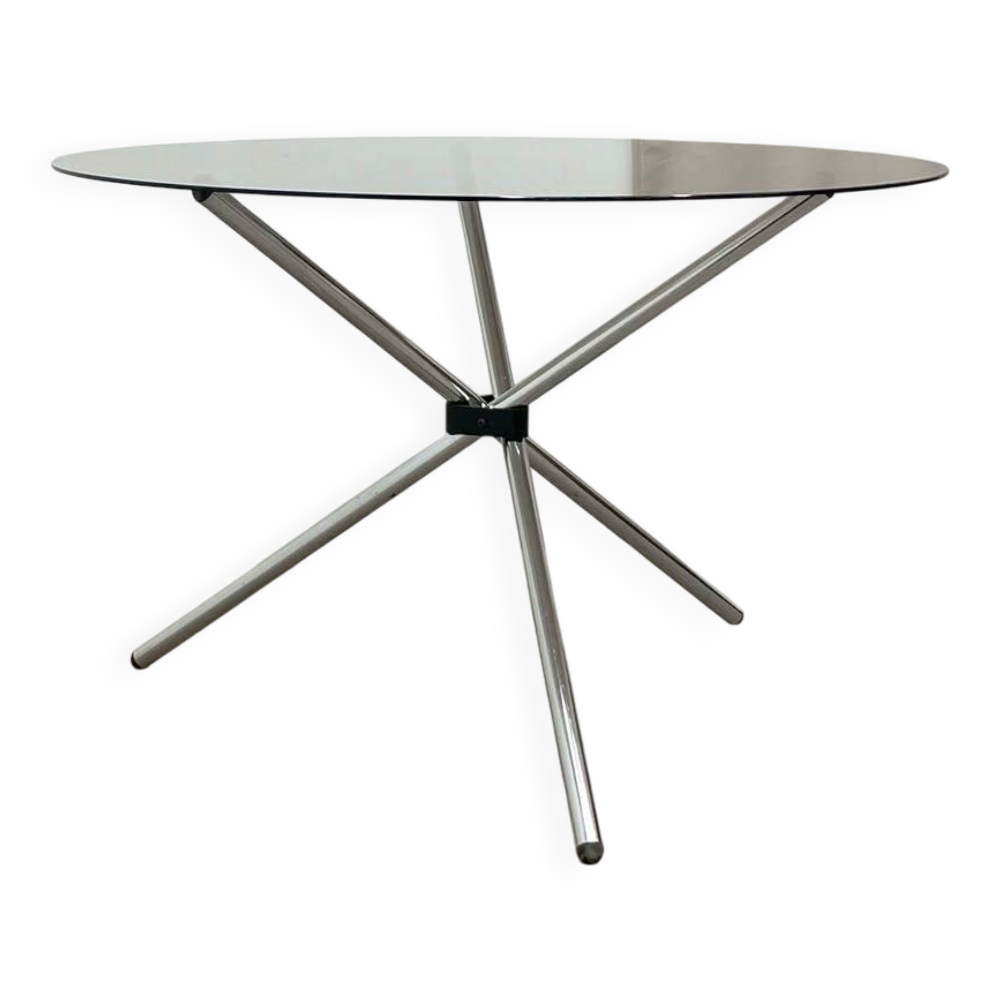 Round dining table in chrome and smoked glass.