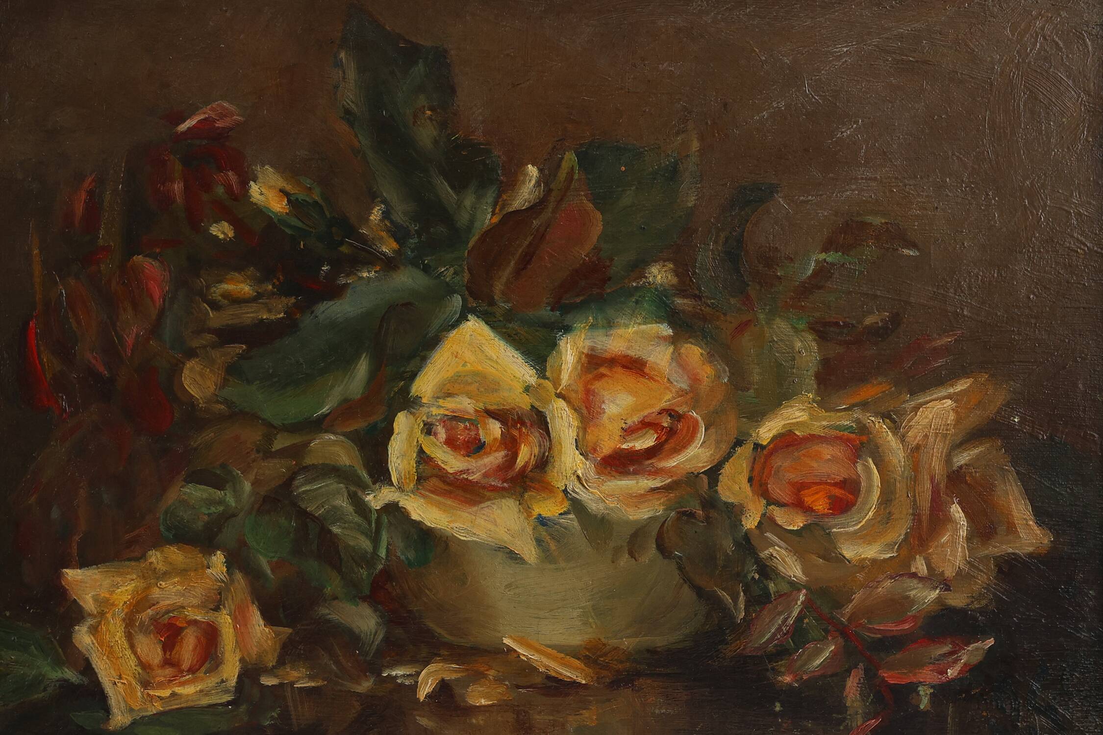 Vintage still life painting of a vase with flowers, France ca. 1940