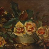 Vintage still life painting of a vase with flowers, France ca. 1940