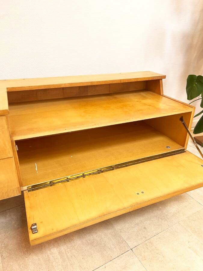 Coiffeuse basse vintage en bois blond – meuble moderniste années 50/60