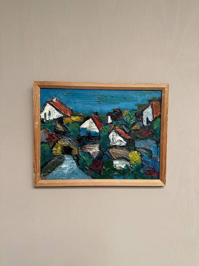 Original Swedish Oil on Panel – "Village Scene (Thick Impasto)" – Signed – Vintage and Framed