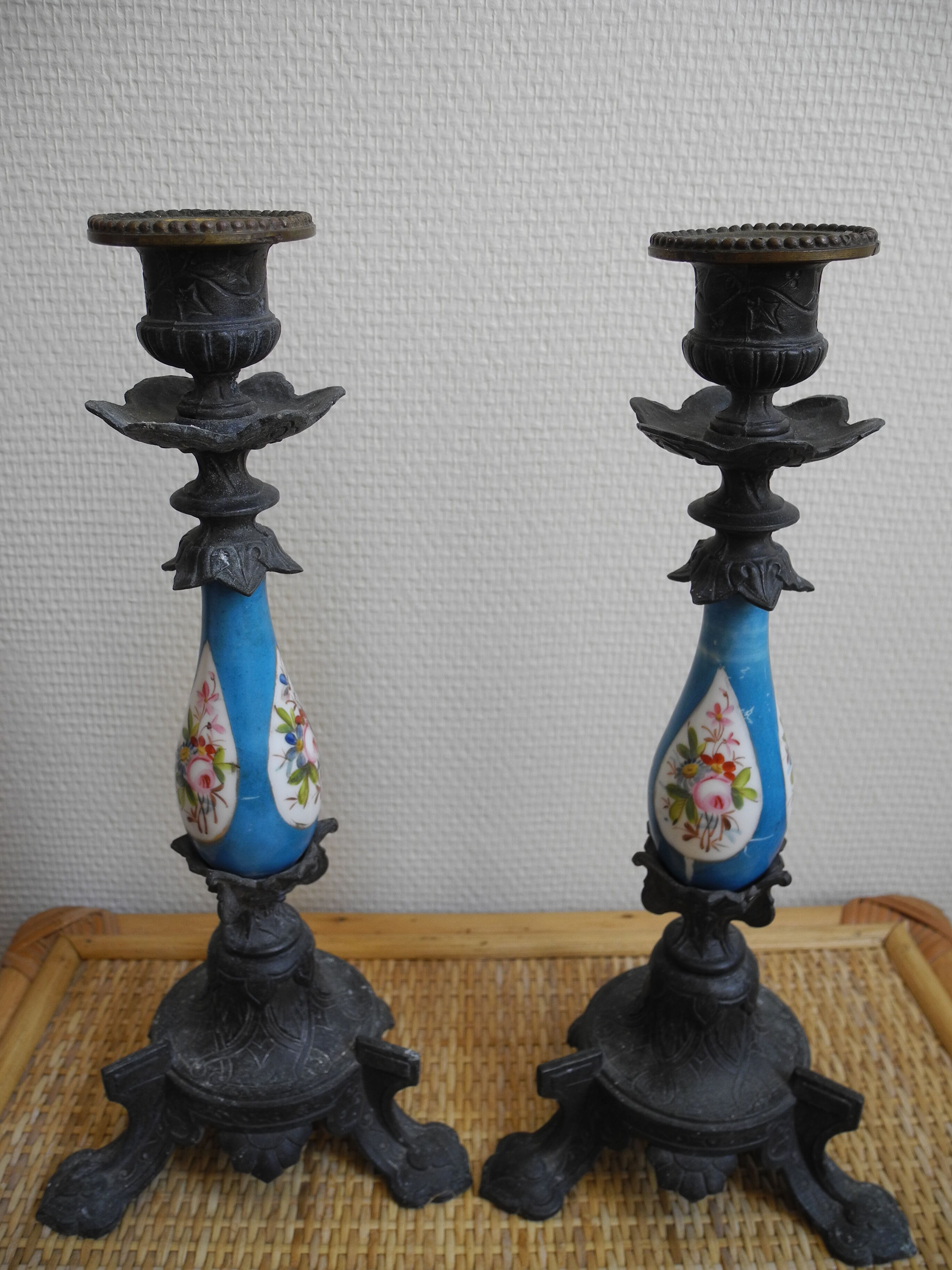 pair old candlesticks tin porcelain old french candlesticks
