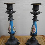 pair old candlesticks tin porcelain old french candlesticks