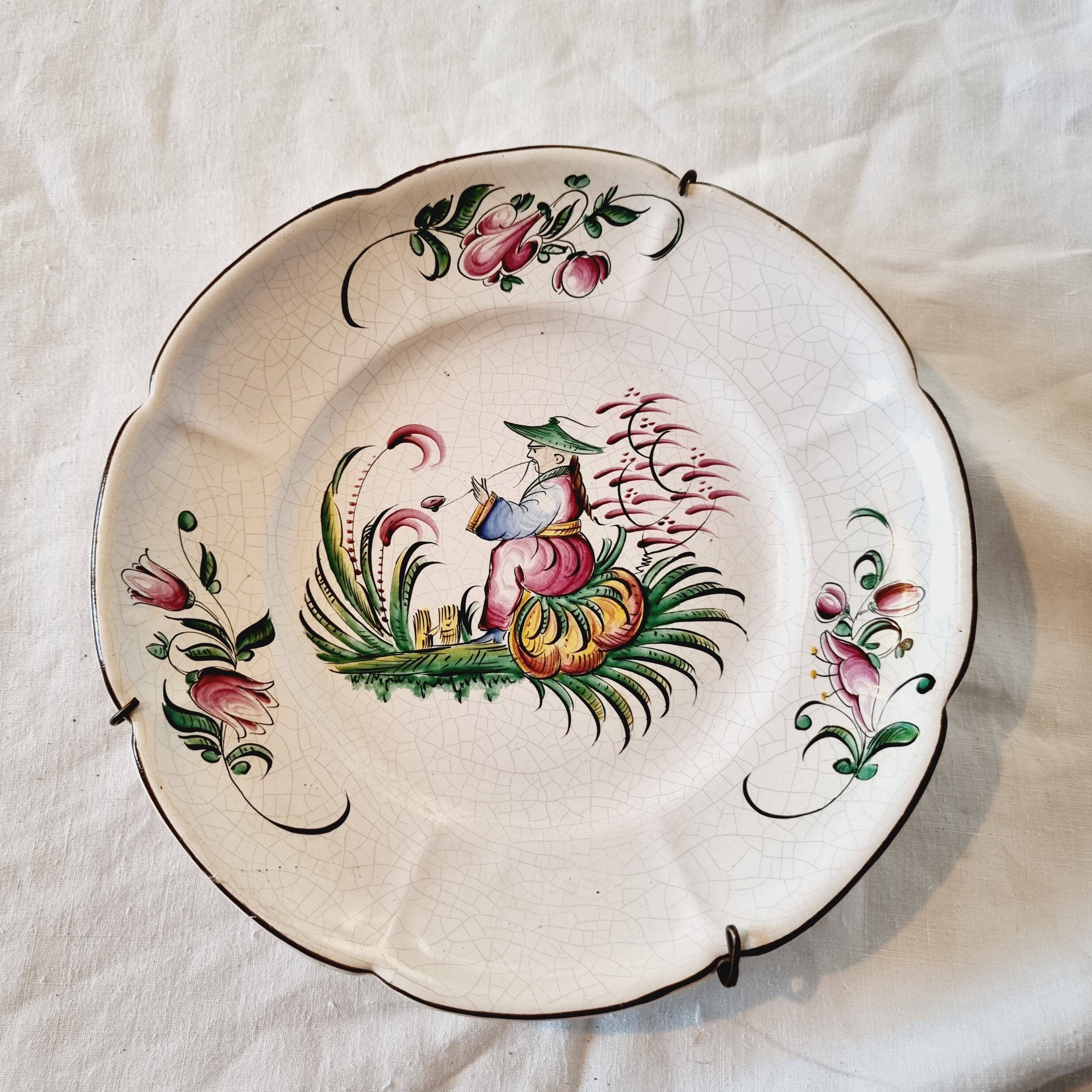 Antique ceramic or earthenware plate from the 19th century, Chinese style decoration