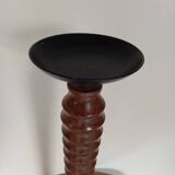 Vintage turned wooden candle holder, black metal candle base