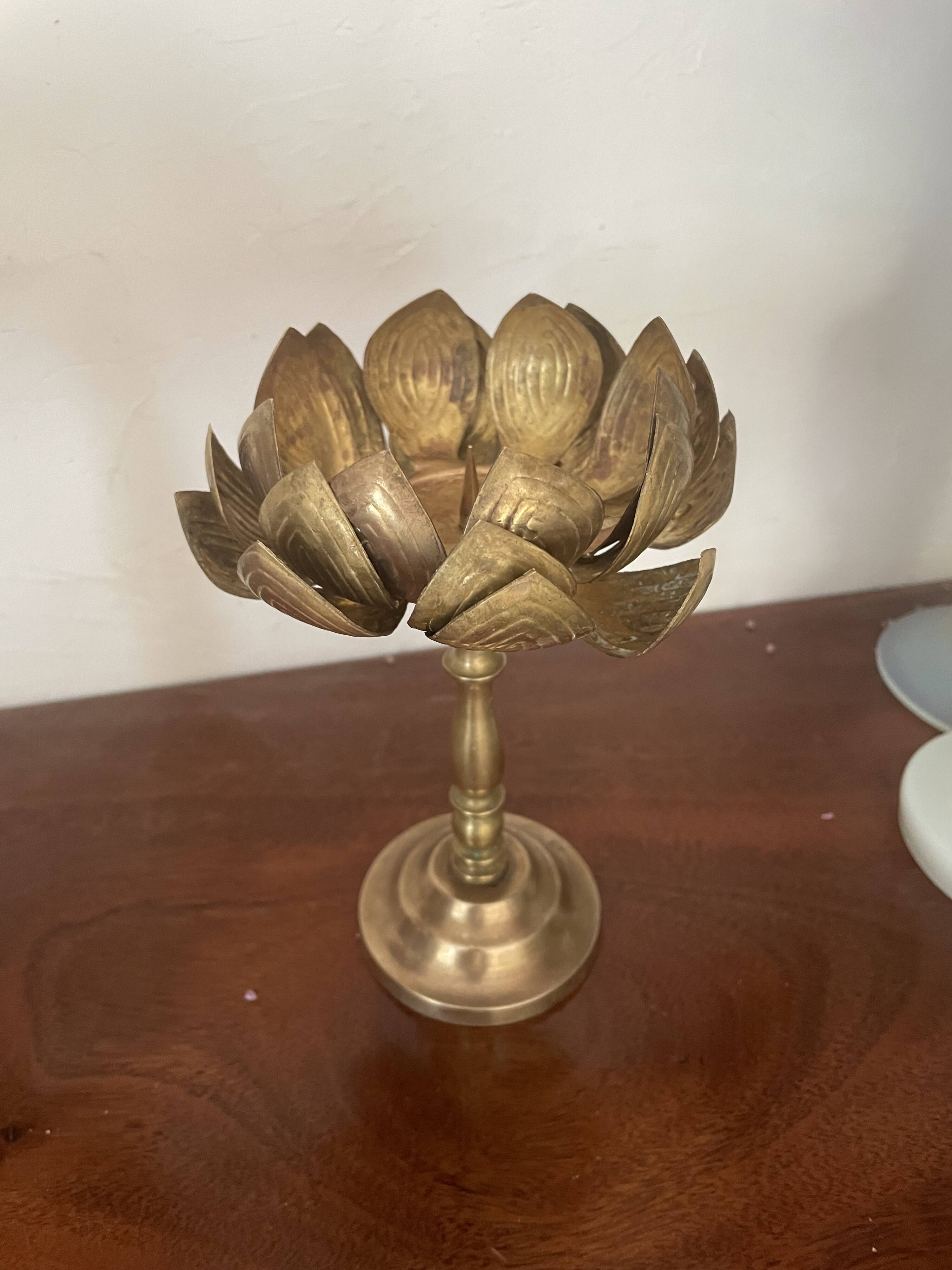 Set of two old brass lotus flower candlesticks