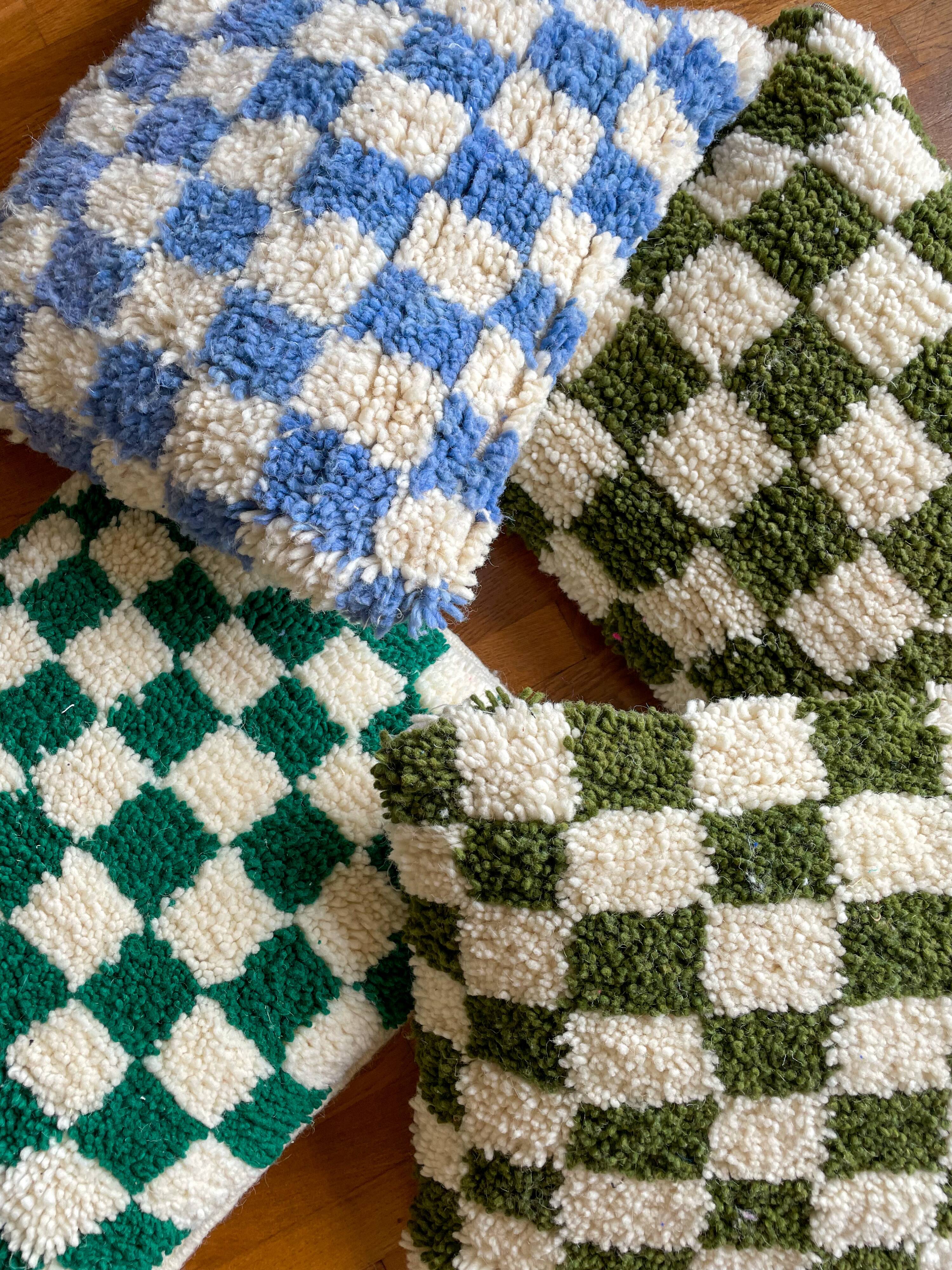 Sky blue and white checkered wool cushion