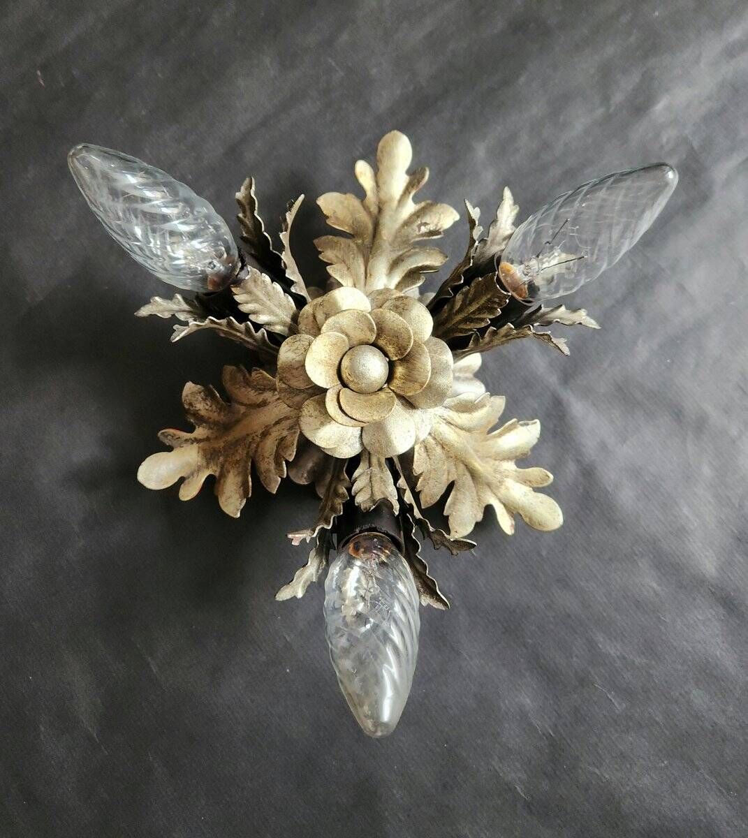 Vintage Florentine floral hand-forged silver-plated 3-light flush mount from Banci Firenze, Italy, Florence 1960s, set of 5