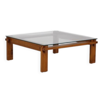 Table basse carrée en chêne et verre, Italie 1970