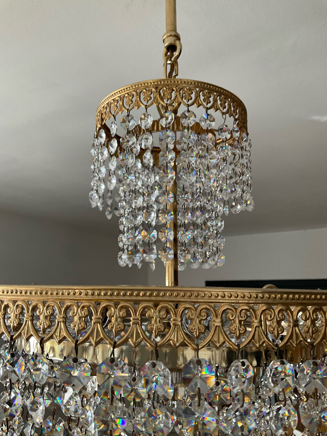 Brass chandelier and crystal tassel waterfall