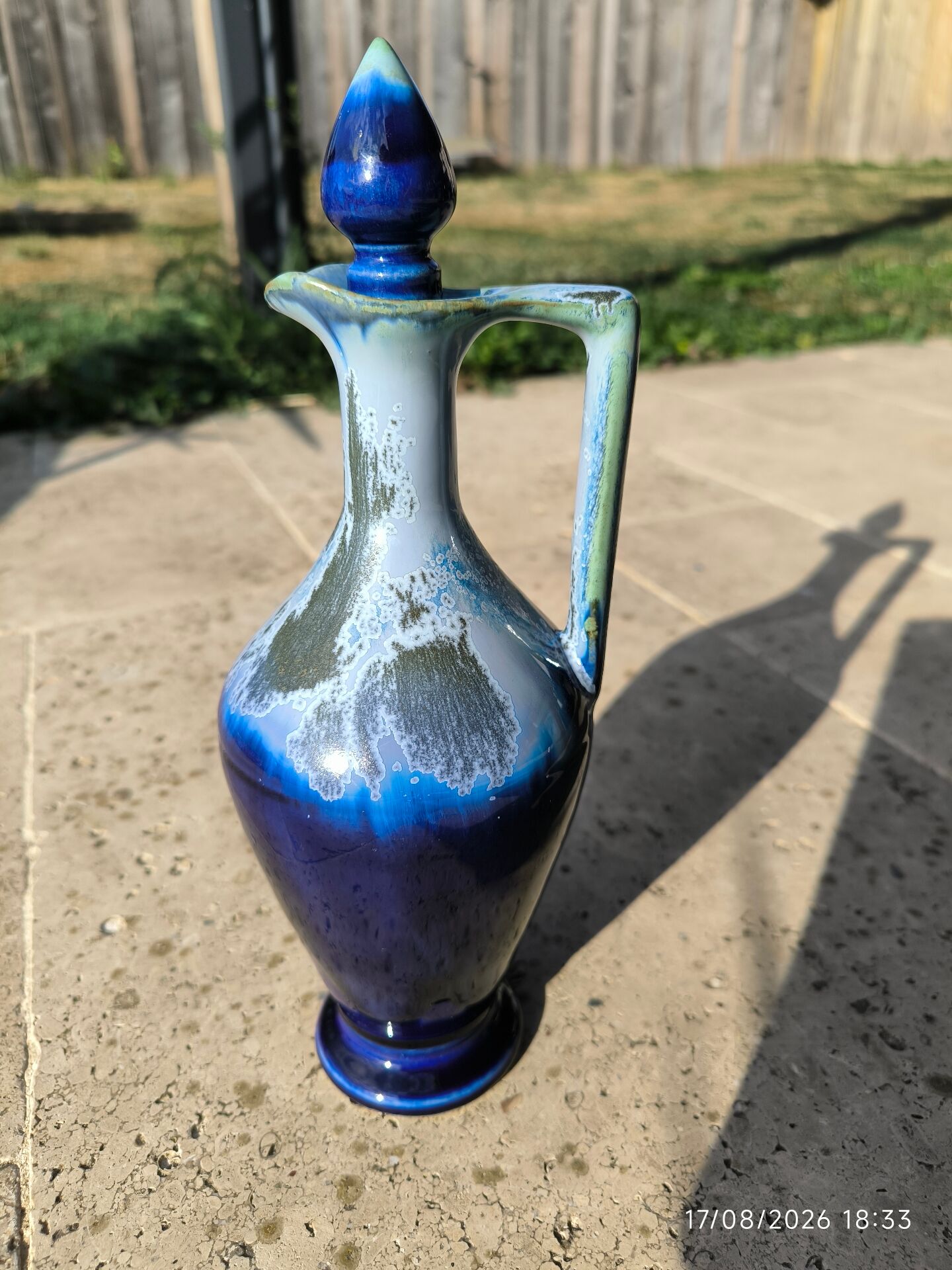Vintage cobalt blue glazed ceramic carafe / jug – lid