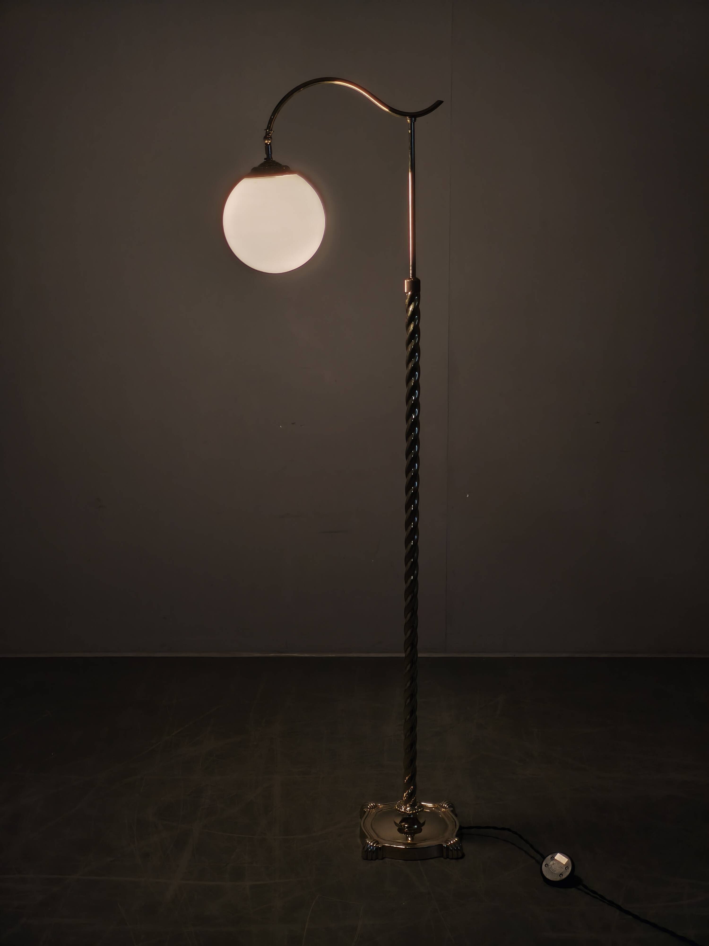 Italian Art Deco Brass Floor Lamp with Glass Globe, 1930s