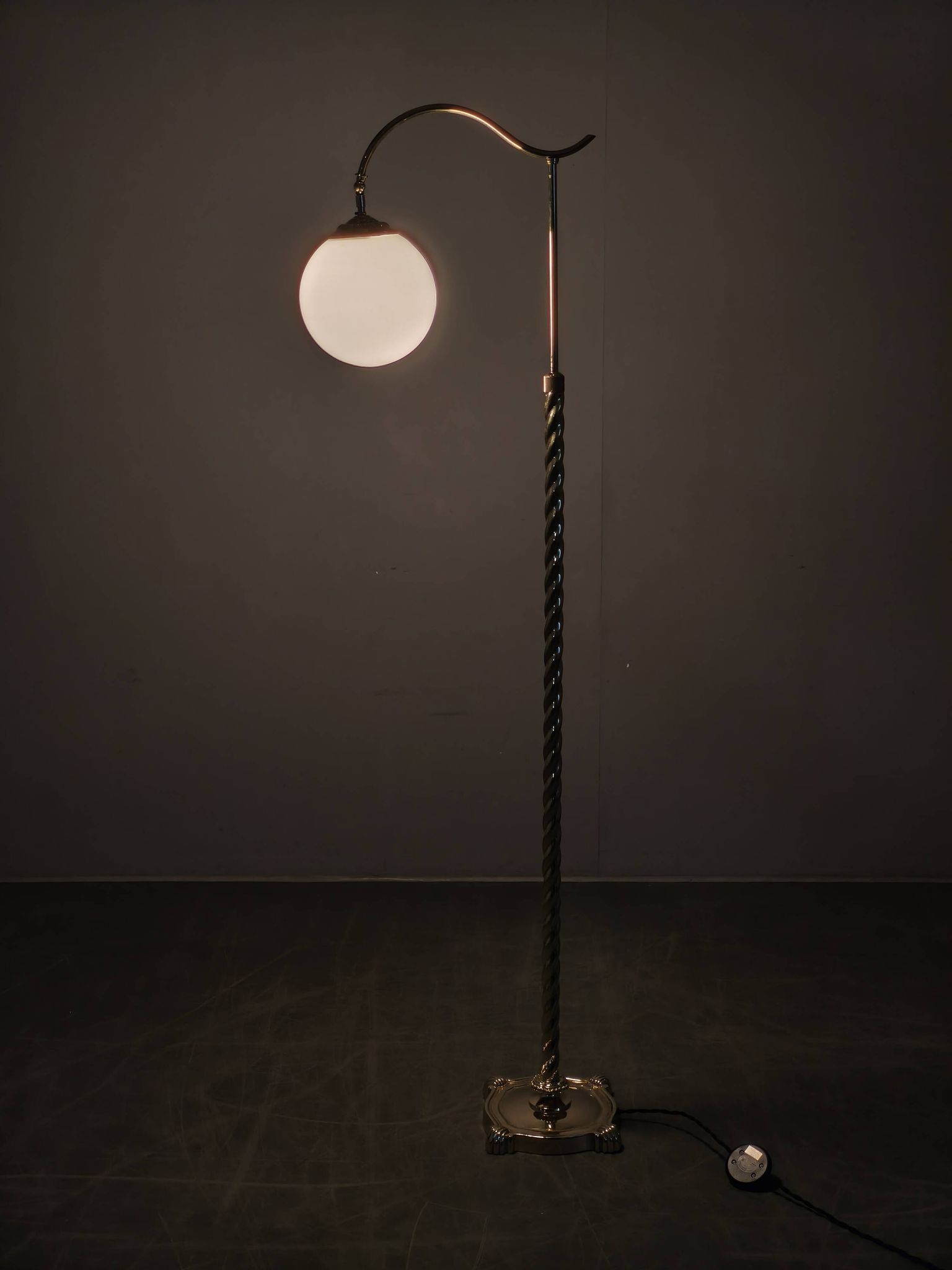 Italian Art Deco Brass Floor Lamp with Glass Globe, 1930s
