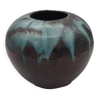 Vase de forme boule en grès avec coulure saint amand en puisaye ecole carriès signé