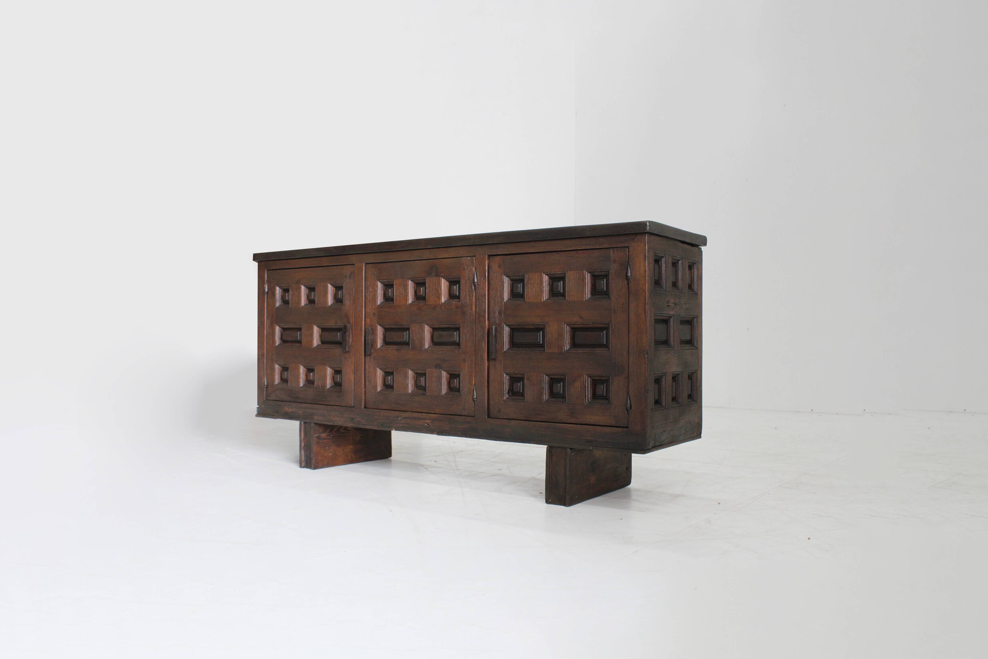 Vintage Brutalist Spanish carved sideboard credenza
