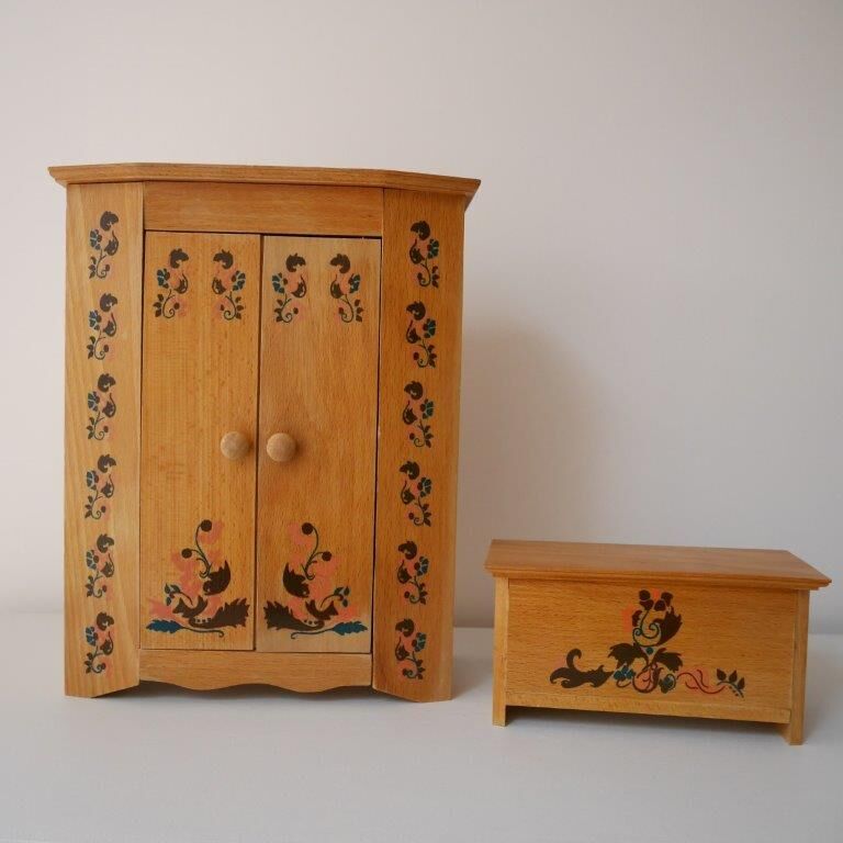 Wooden doll furniture, wardrobe and chest