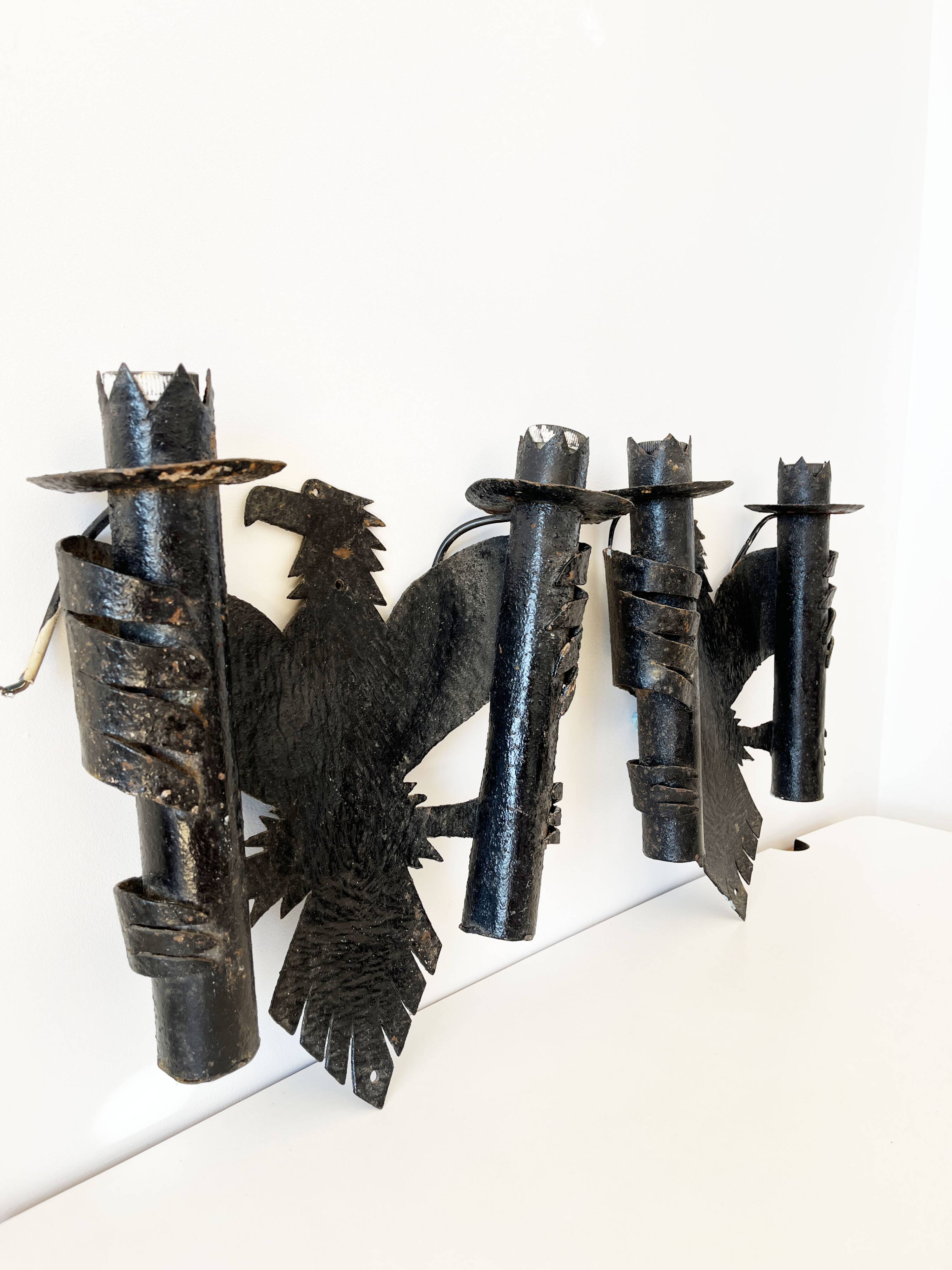 Pair of Brutalist Wrought Iron Eagle Wall Sconces