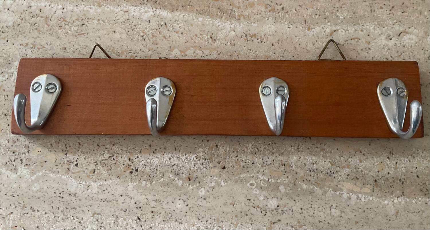 Vintage teak and aluminum towel rack