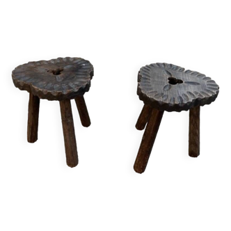 Pair of wooden tripod stools