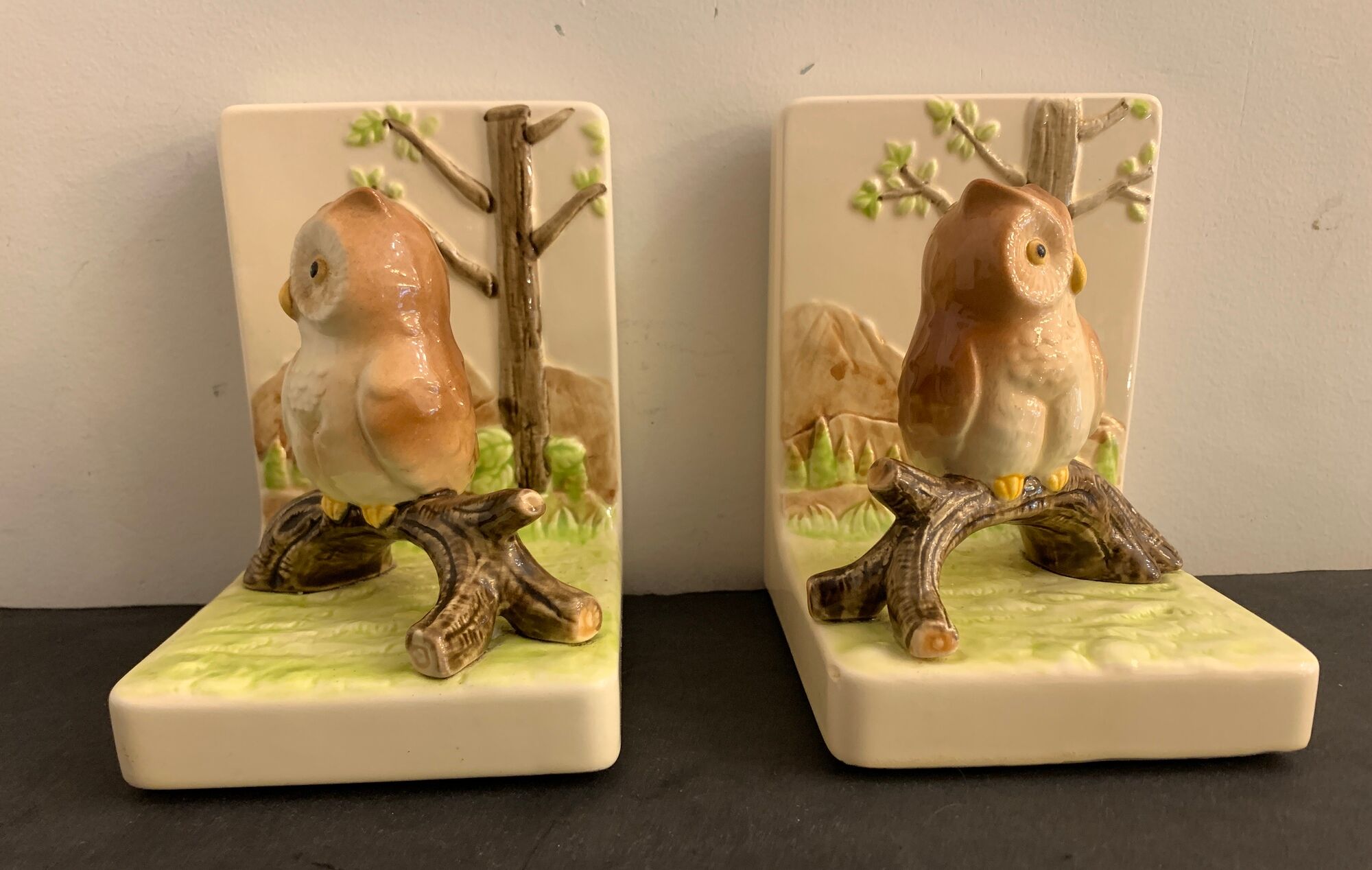 Pair of owl Japanese ceramic book greenhouses, 1980