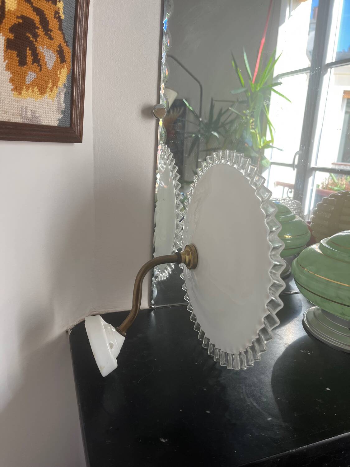 Antique white opaline wall light with a swan neck.