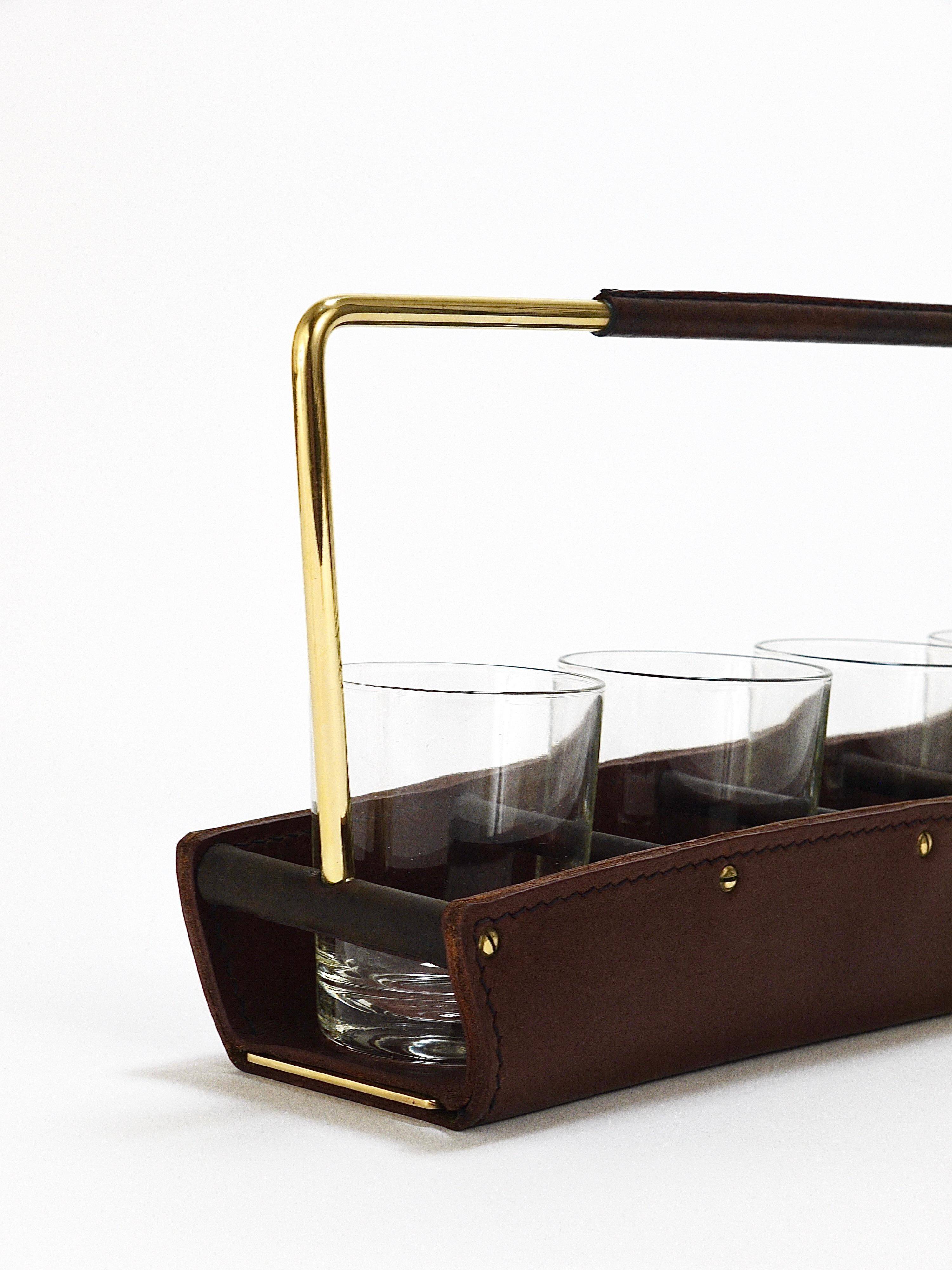 Carl Auböck II drinking glass holder, leather and brass, Austria 1950s