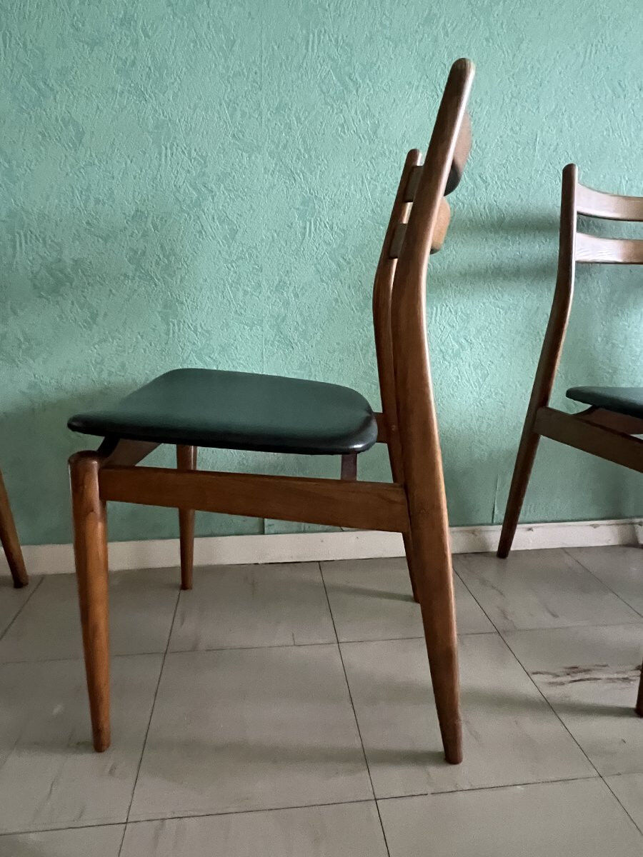 Set of six vintage scandinavian chairs. black faux leather seat, eros edition from around 1960.