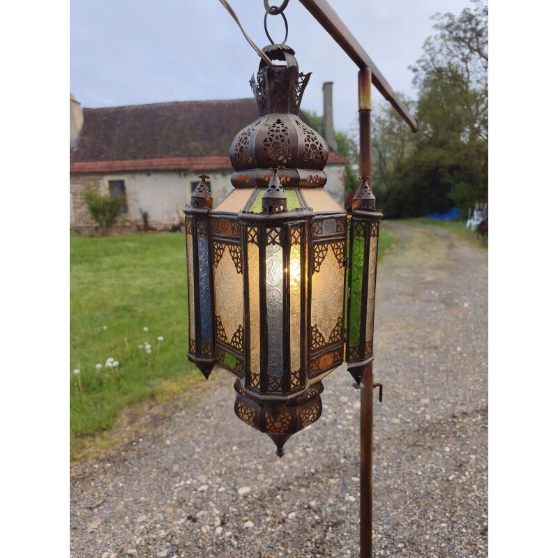 North African lantern suspension in brass and coloured glass.