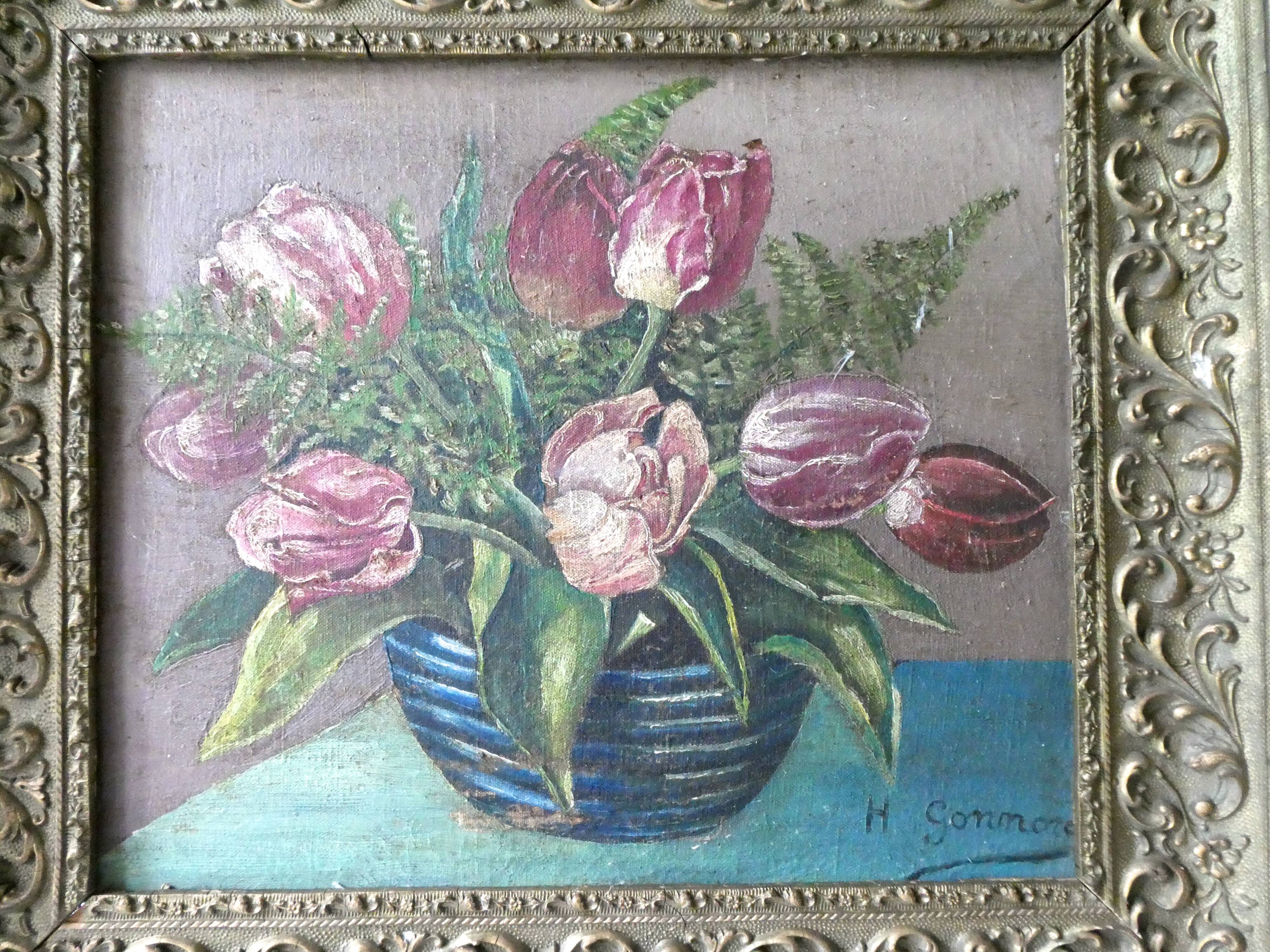 Painting, still life, bouquet of flowers, tulips and ferns