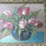 Painting, still life, bouquet of flowers, tulips and ferns