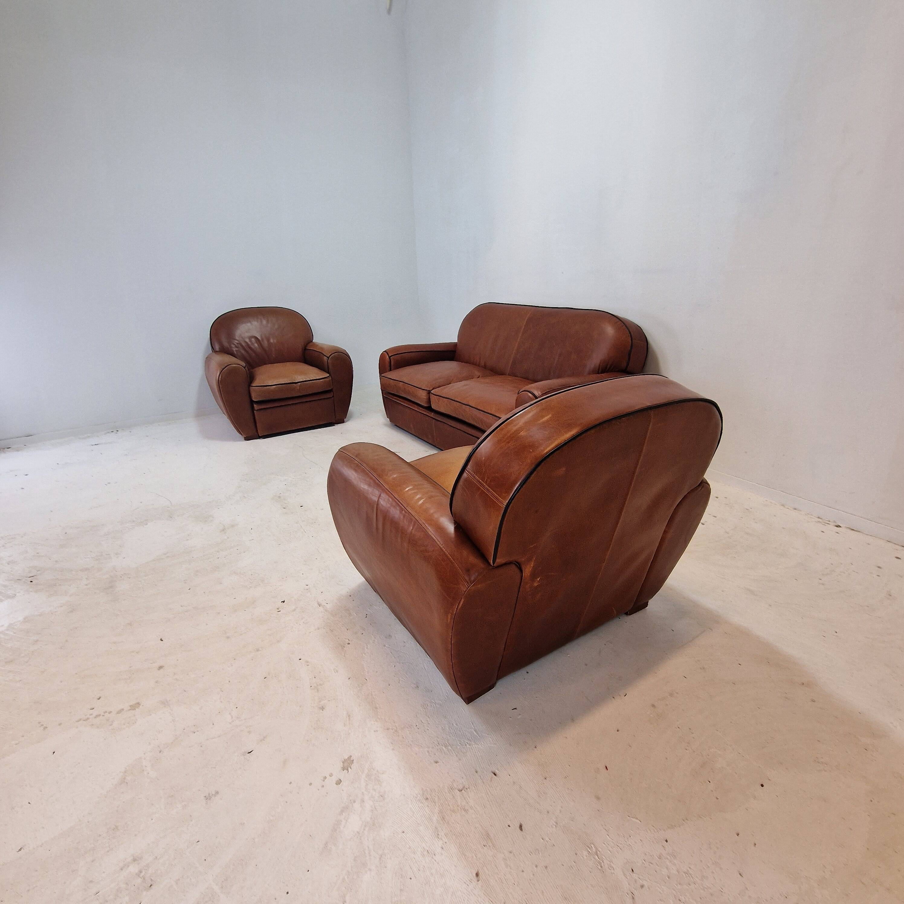 Set of 2 Club Chairs and 1 Sofa in Saddle Leather by Jan Frantzen, Netherlands