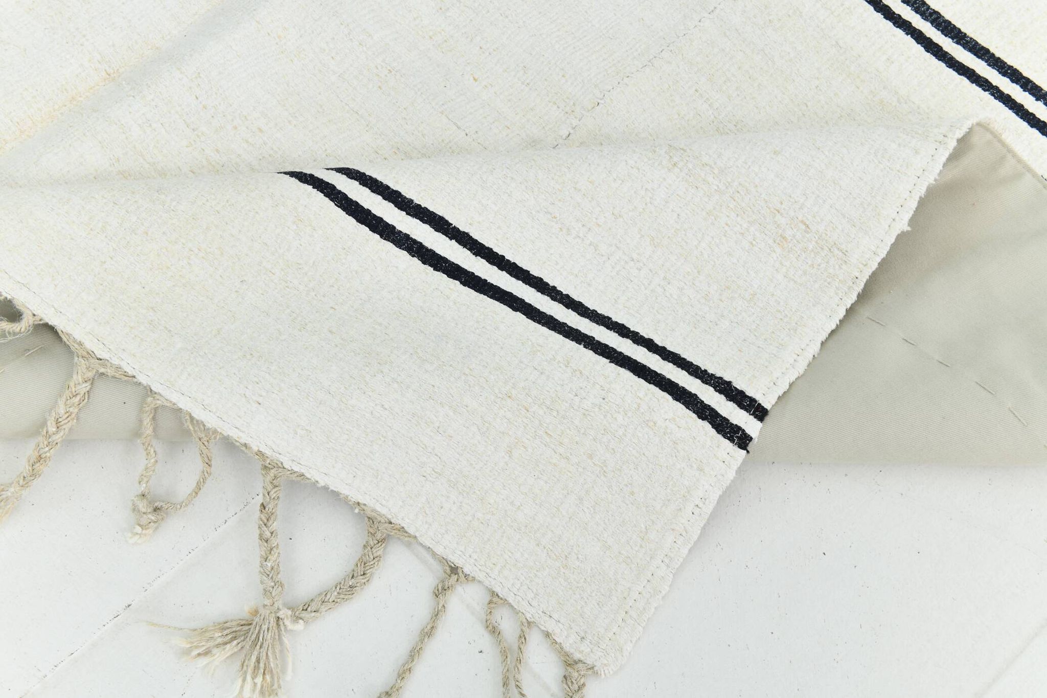 Kilim Turc Vintage Ivoire et Noir, Rayé, Déco Salon Bohème, 176X258Cm