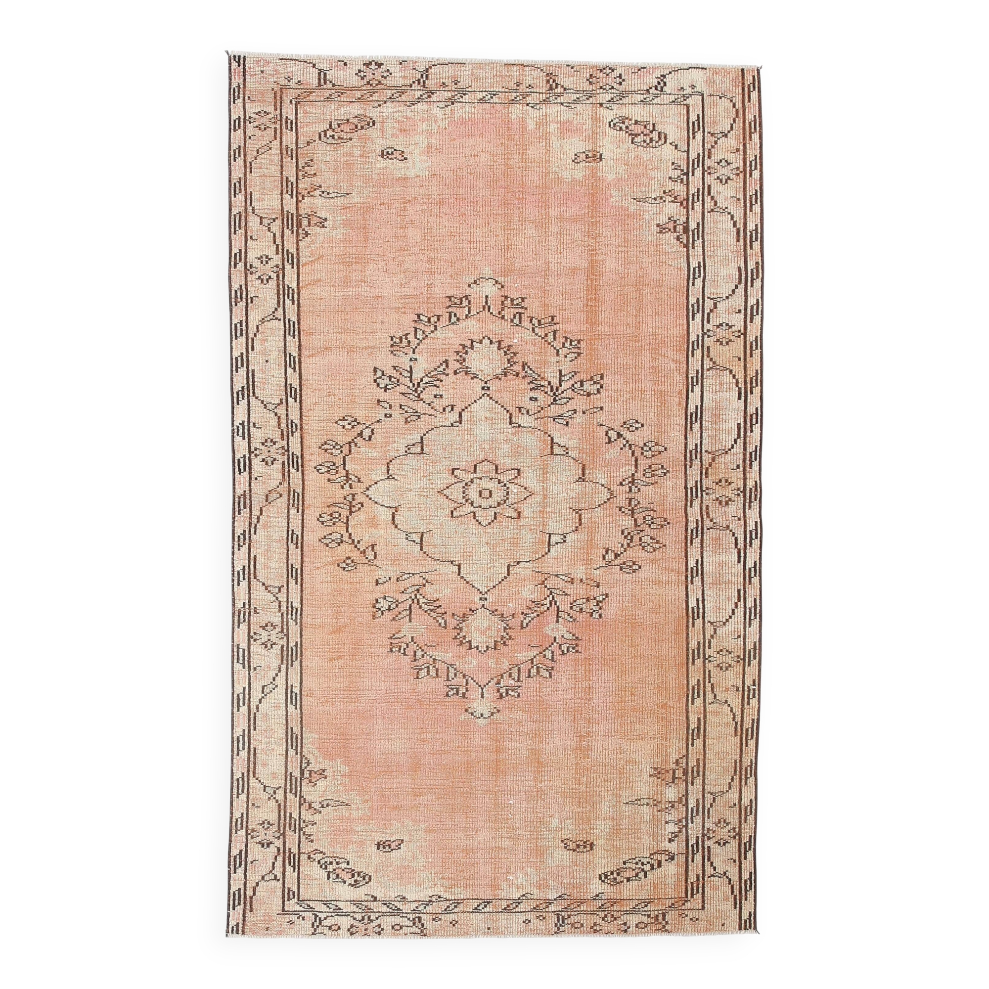 Tapis vintage rose poudré fait main en laine, style oriental doux