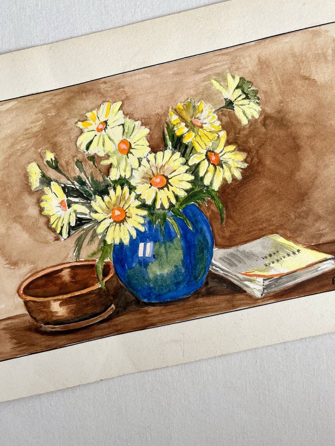 Small watercolor bouquet of yellow flowers signed Gautron 1986