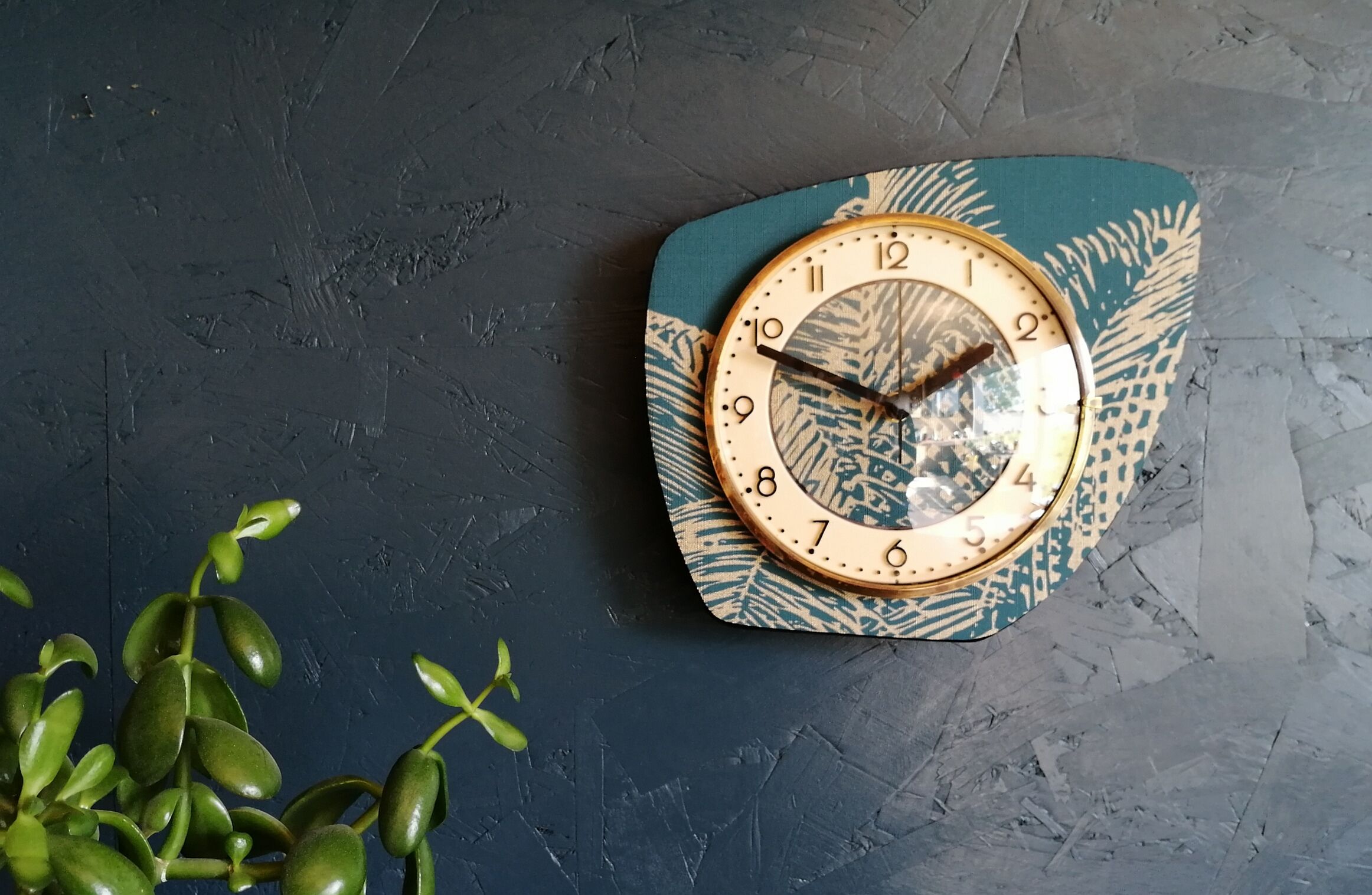 Vintage clock asymmetrical silent wall pendulum "Golden Green"