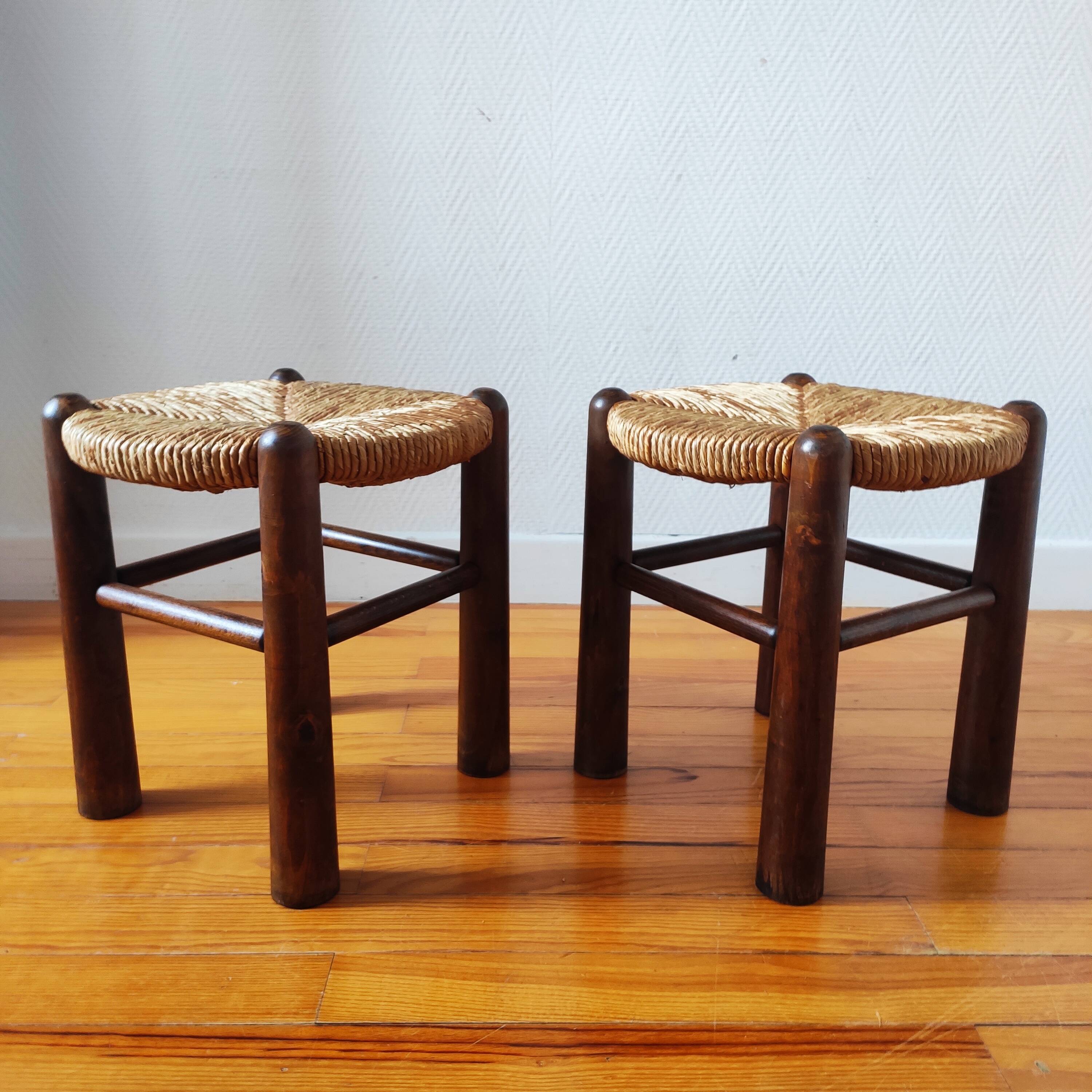 Brutalist wooden and straw stools - France 1950