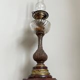 Antique french oil lamp, 19th century rouge griotte marble and patinated bronze base