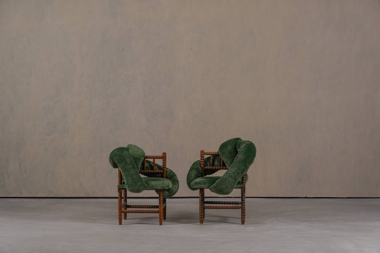 Chaises à bobines vintage, réimaginées par Corina Olaru, Hollande années 1930, ensemble de 2