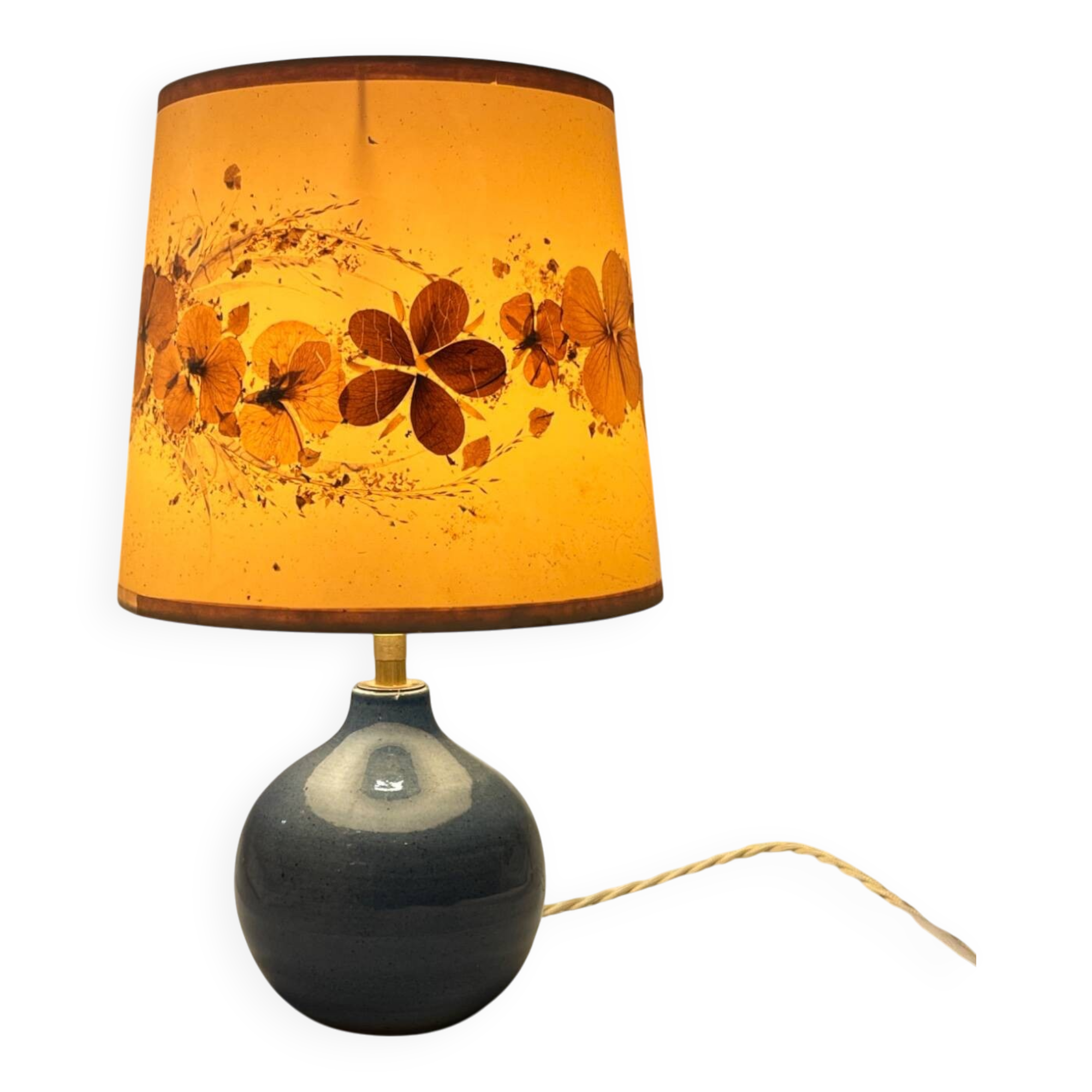 Lampe vintage en grès céramique bleu lavande - abat-jour fleurs séchées