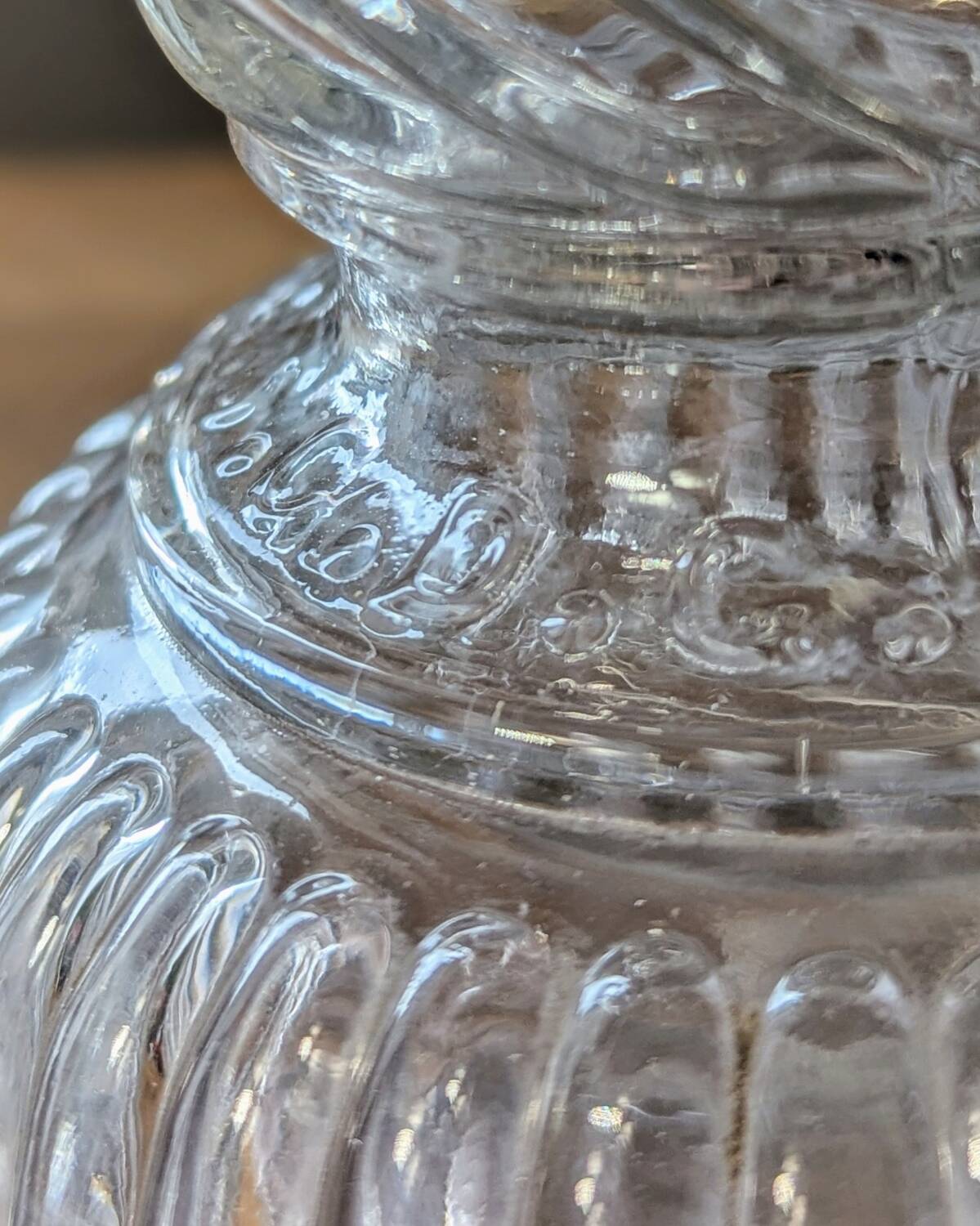 Legras candlestick in molded glass with faces in relief, vintage carafe