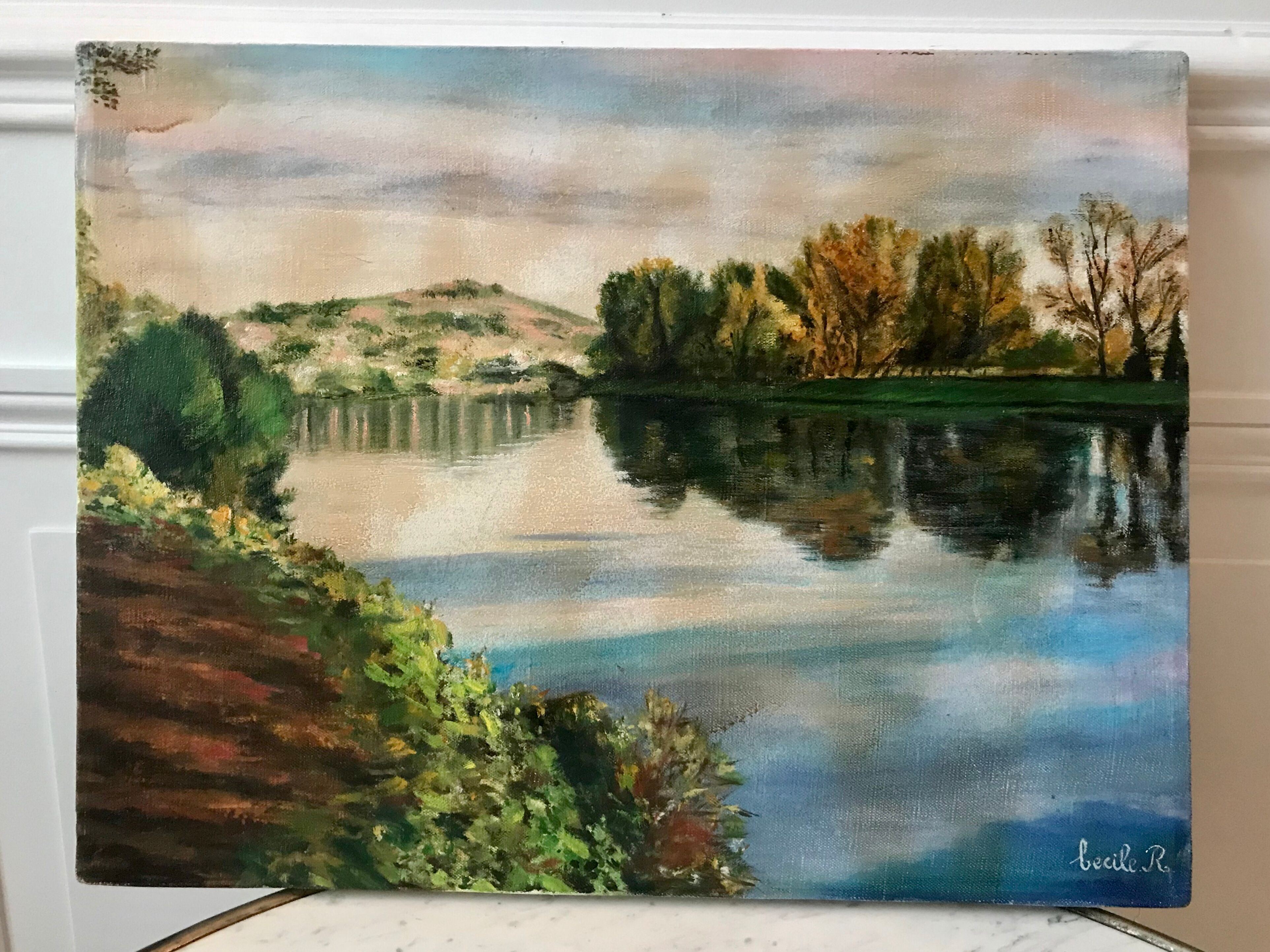 Oil painting on canvas winter landscape and lake signed vintage