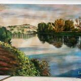 Oil painting on canvas winter landscape and lake signed vintage