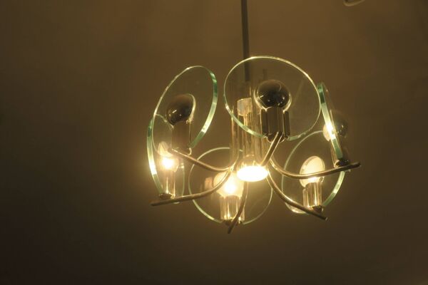 Lustre en métal argenté avec six disques en cristal, Italie années 1960