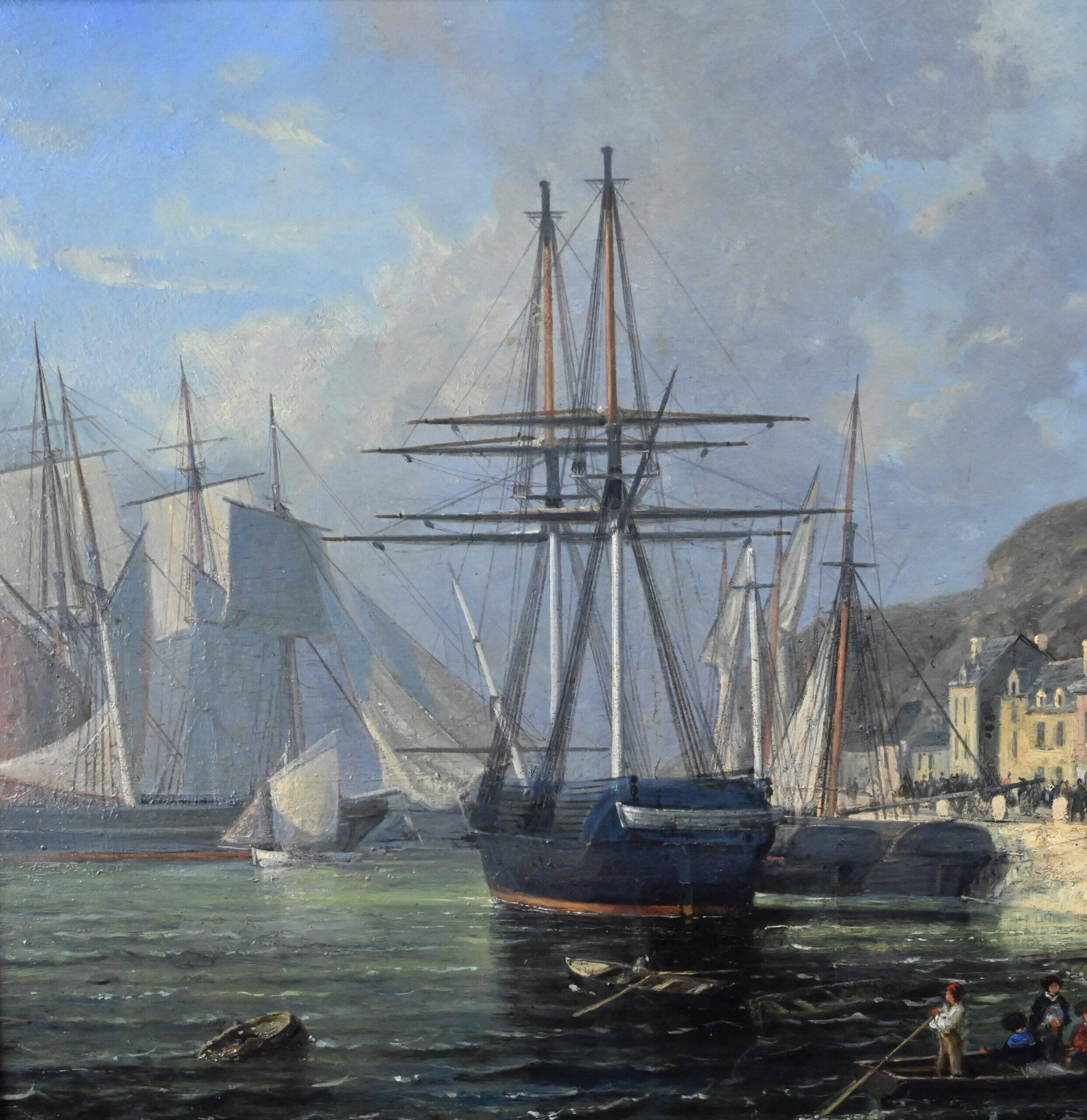 Tableau "Quay in Light", oil on panel, signed Jules d'Évry – Mid 19th century