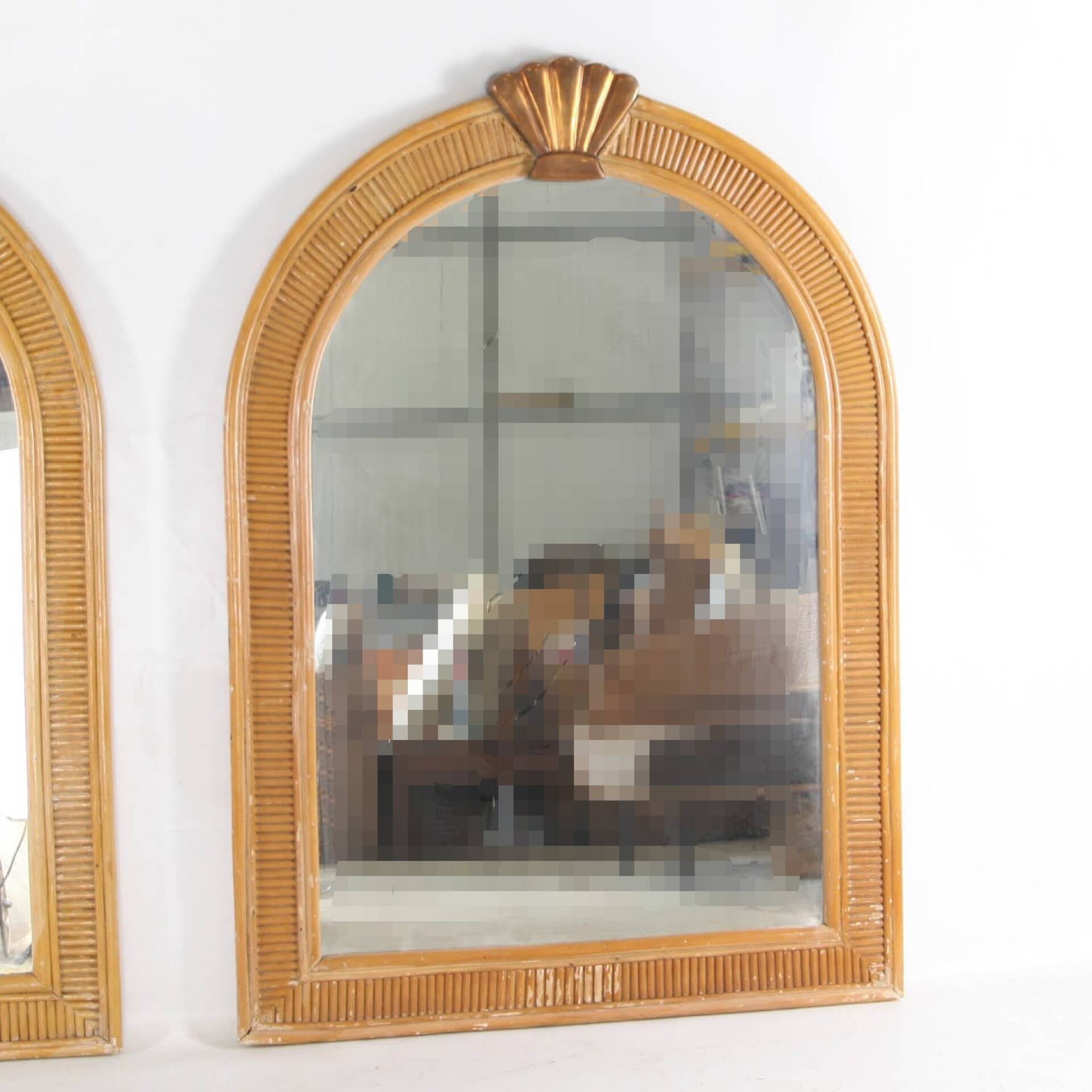 Pair of rattan and copper mirrors