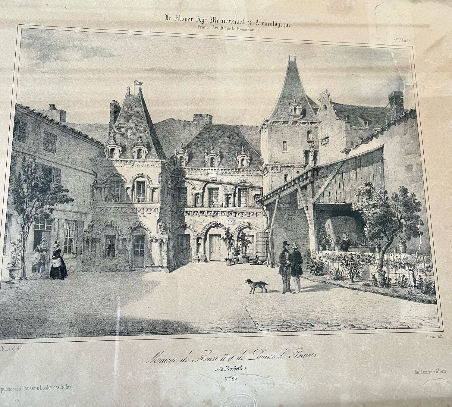 Old lithograph engraving House of Henry II and Diana of Poitiers