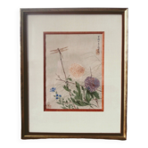 Peinture asiatique fleurs et libellule.japon. gouache sur papier,encadré avec verre.
