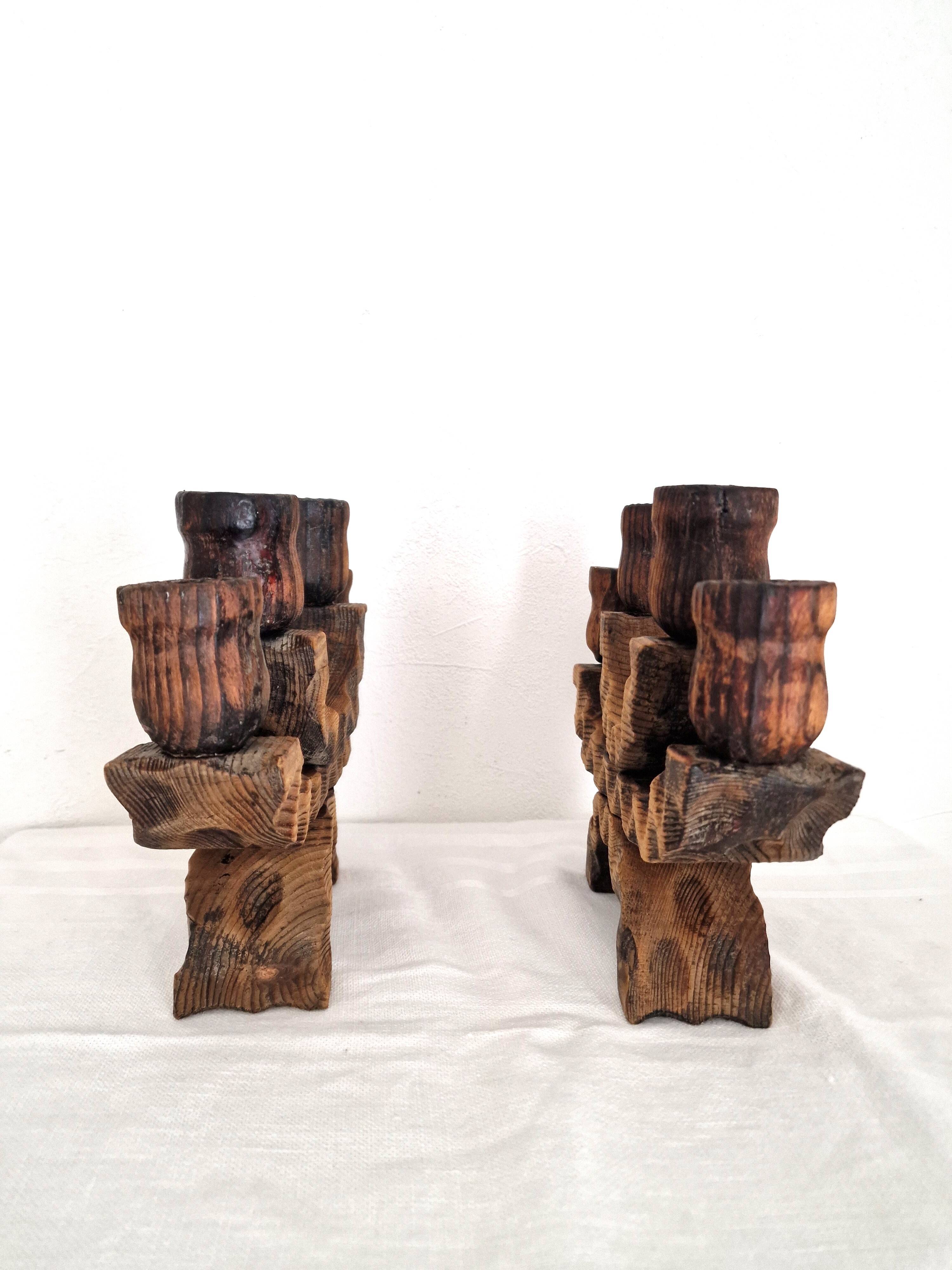 Pair of Brutalist Wooden Candle Holders